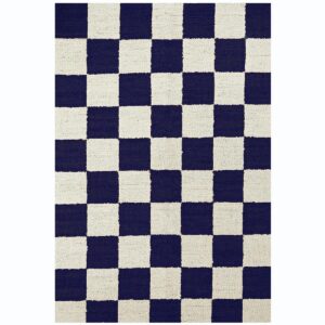 Handwoven Navy Blue Checkered Jute Hemp Rug Eco-Friendly Boho Farmhouse Carpet