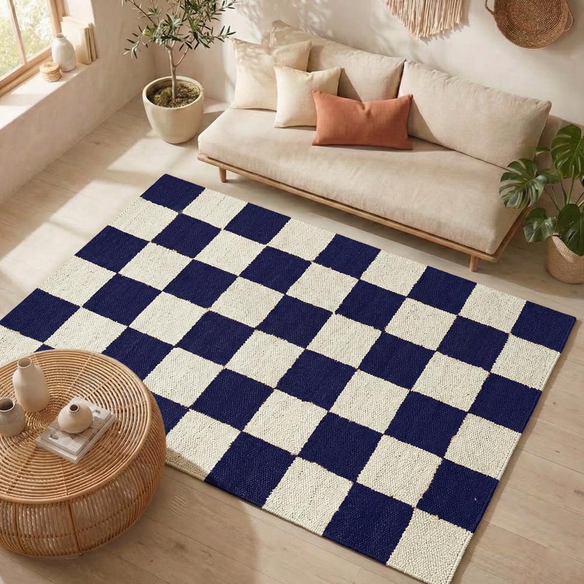 Handwoven Navy Blue Checkered Jute Hemp Rug Eco-Friendly Boho Farmhouse Carpet - Image 2