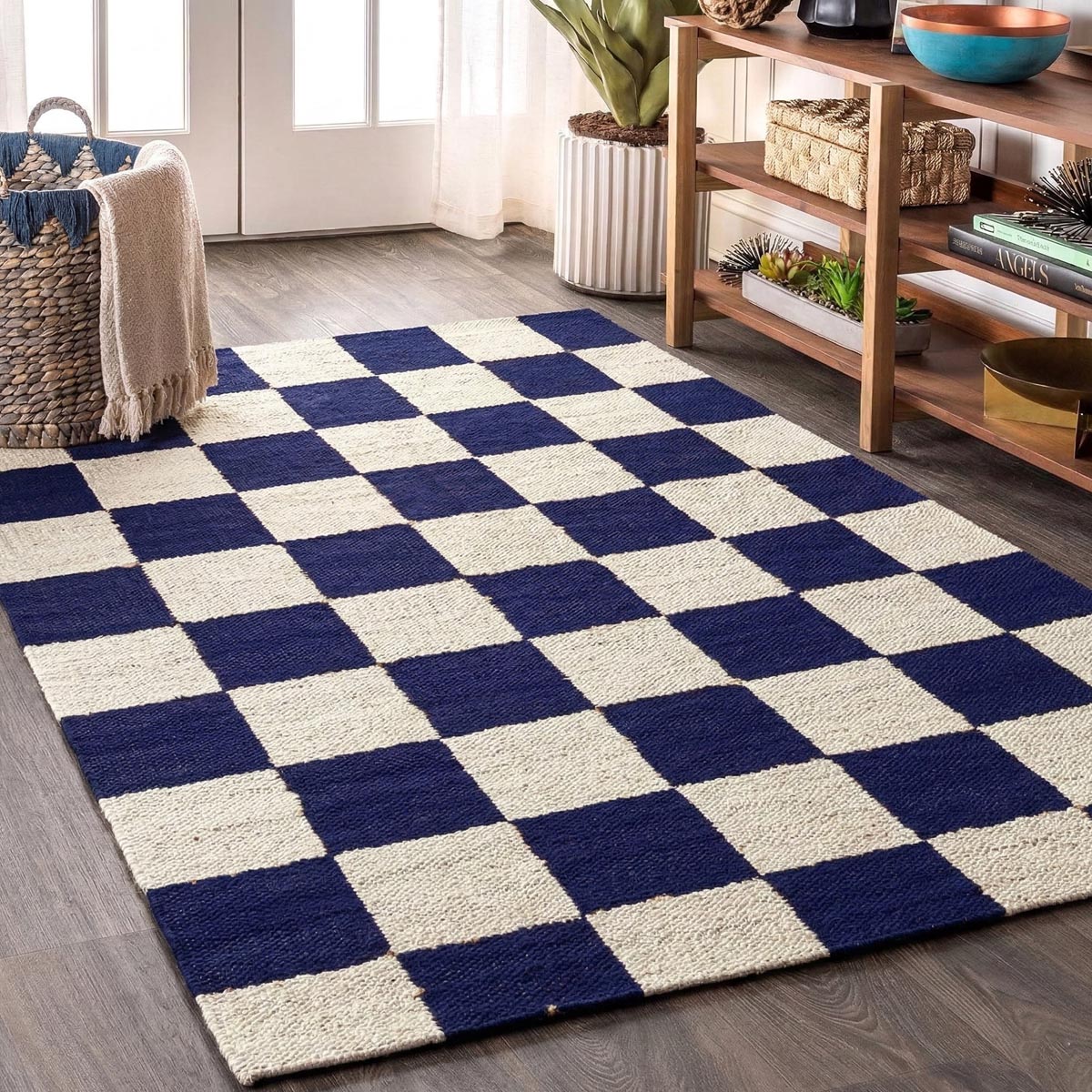 Handwoven Navy Blue Checkered Jute Hemp Rug Eco-Friendly Boho Farmhouse Carpet - Image 5