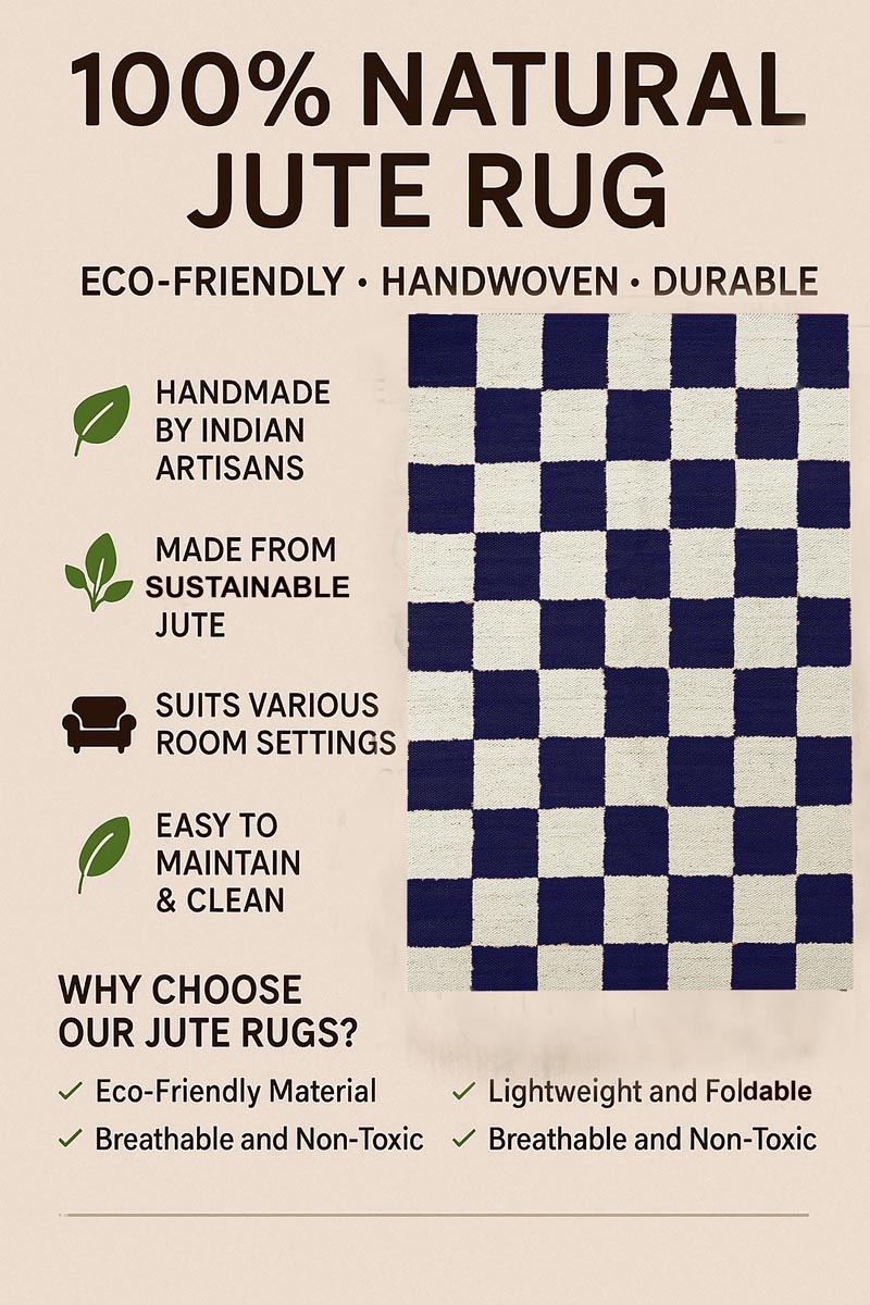 Handwoven Navy Blue Checkered Jute Hemp Rug Eco-Friendly Boho Farmhouse Carpet - Image 6