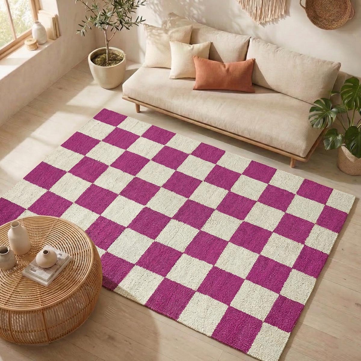 Pink Checkered Jute Hemp Rug Handwoven Boho Farmhouse Style - Image 2