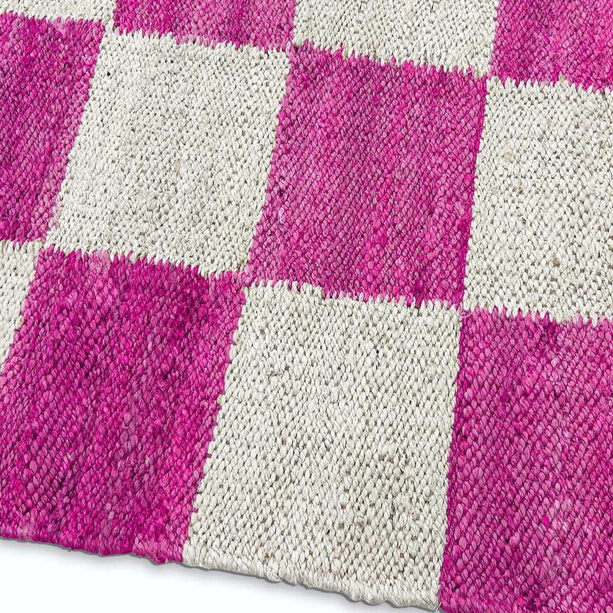 Pink Checkered Jute Hemp Rug Handwoven Boho Farmhouse Style - Image 3