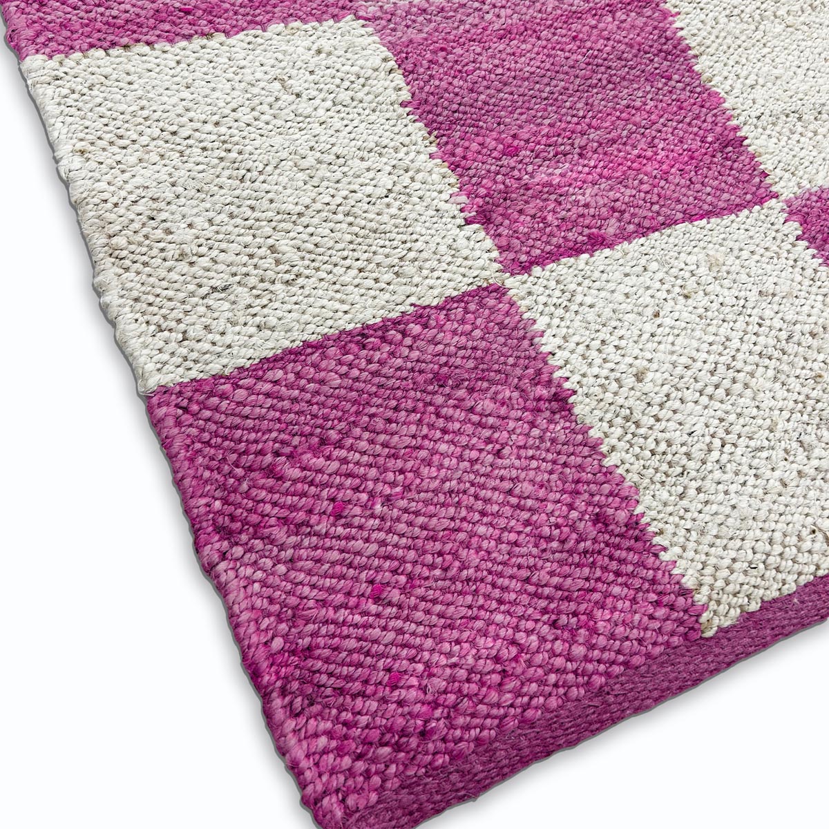 Pink Checkered Jute Hemp Rug Handwoven Boho Farmhouse Style - Image 4