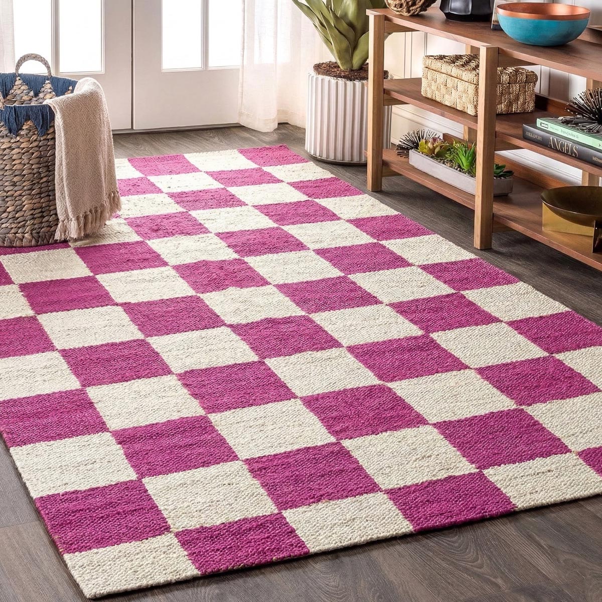 Pink Checkered Jute Hemp Rug Handwoven Boho Farmhouse Style - Image 5