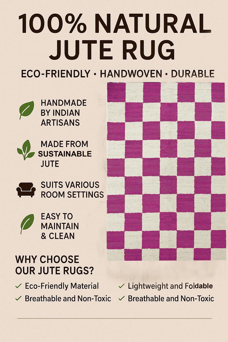 Pink Checkered Jute Hemp Rug Handwoven Boho Farmhouse Style - Image 6