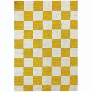 Handcrafted Yellow Checkered Jute & Hemp Rug Eco-Friendly Bohemian Farmhouse Area Carpet