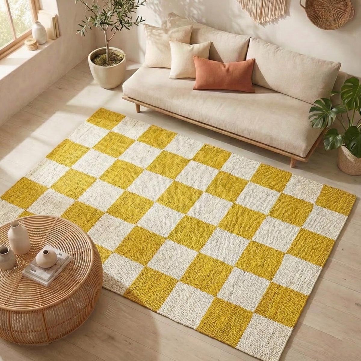 Handcrafted Yellow Checkered Jute & Hemp Rug Eco-Friendly Bohemian Farmhouse Area Carpet - Image 2