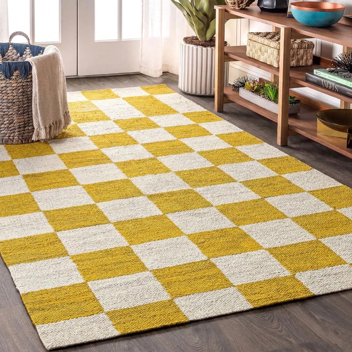Handcrafted Yellow Checkered Jute & Hemp Rug Eco-Friendly Bohemian Farmhouse Area Carpet - Image 5