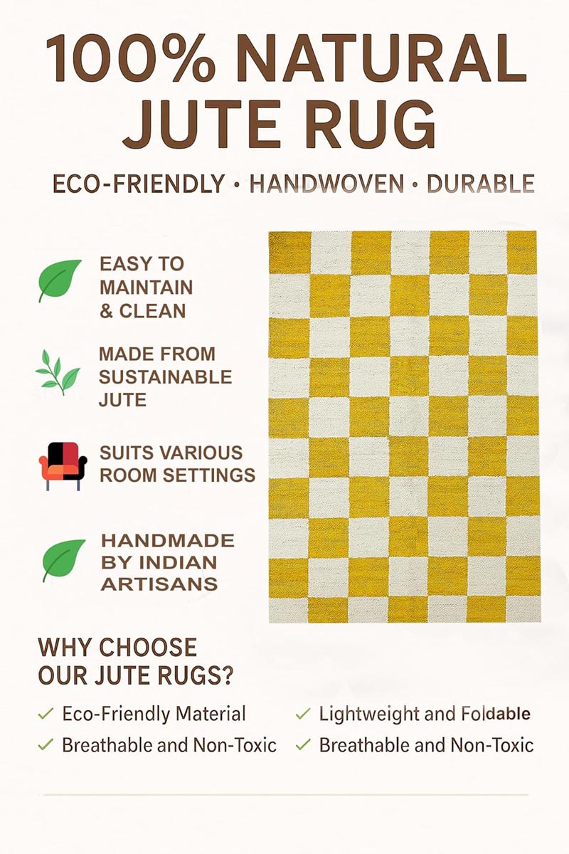 Handcrafted Yellow Checkered Jute & Hemp Rug Eco-Friendly Bohemian Farmhouse Area Carpet - Image 6